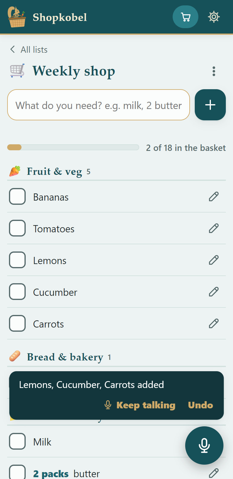 Dictated: “Lemons, Cucumber, Carrots added” – below “Keep talking” and “Undo”
