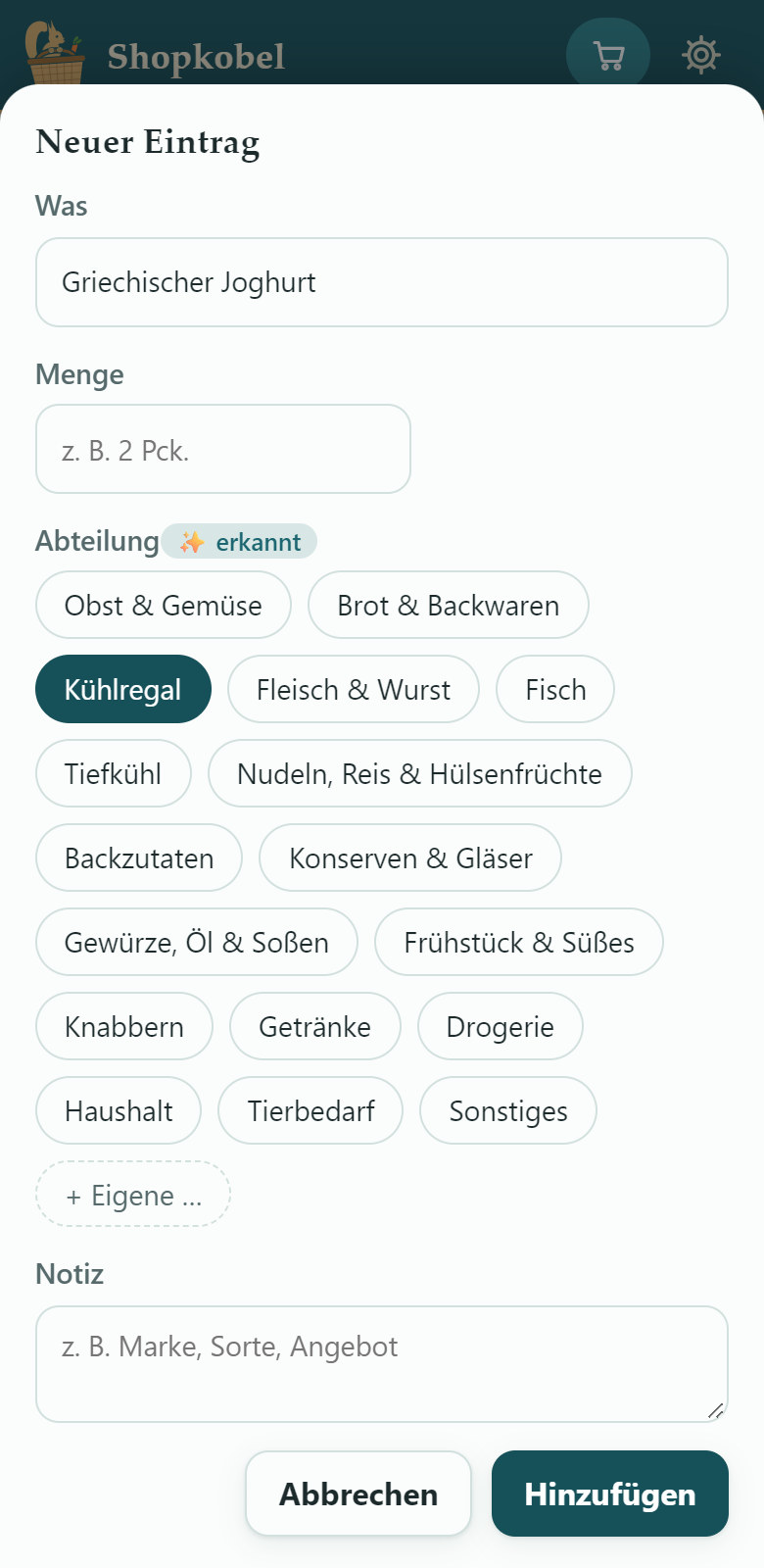 Neuer Eintrag „Griechischer Joghurt“: Abteilung Kühlregal erkannt