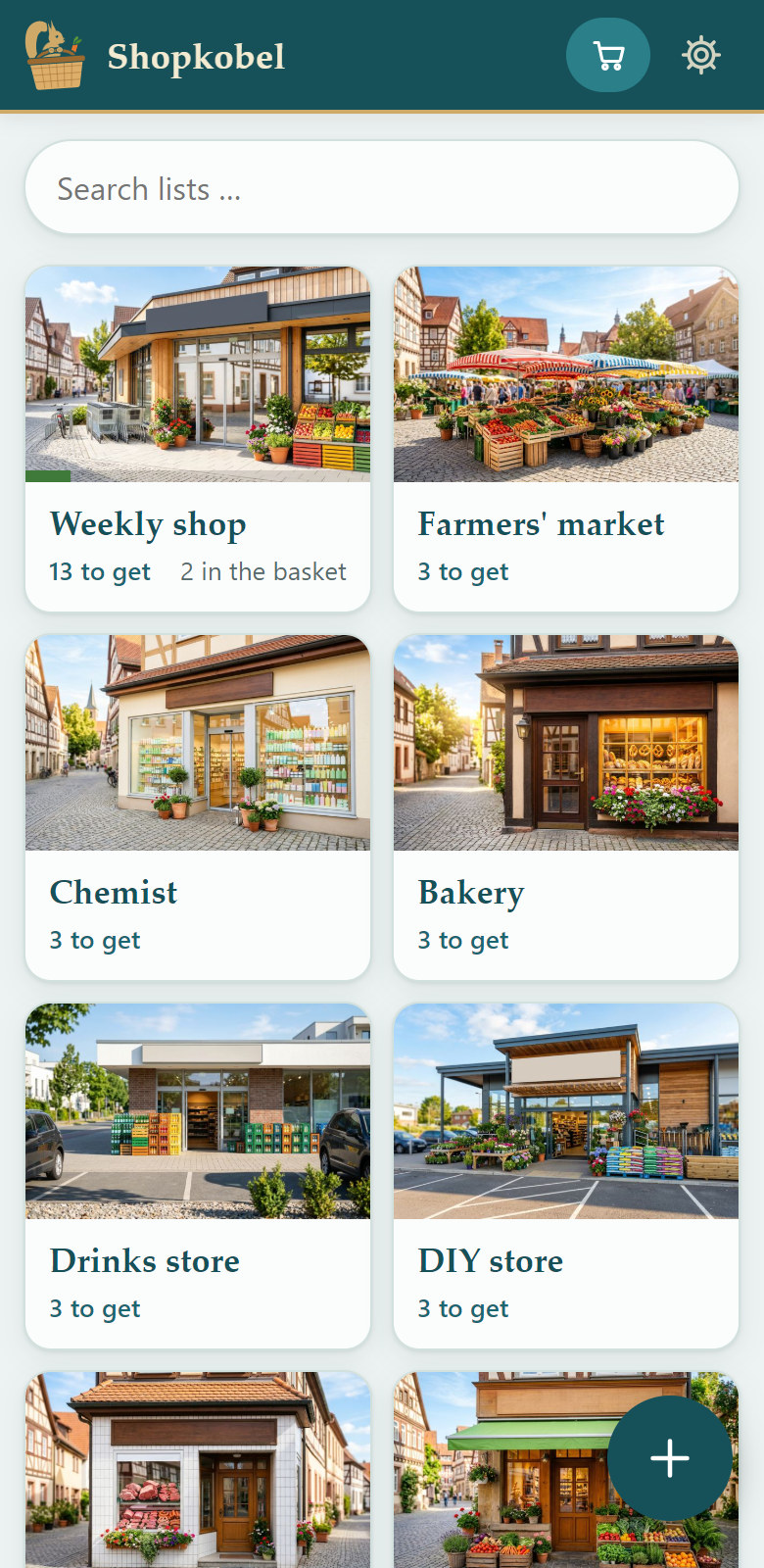 Overview: eight lists with pictures of their shops